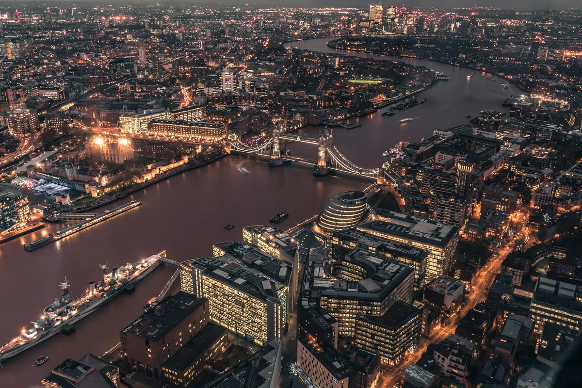 Tower Bridge and the Thames at night from the air
